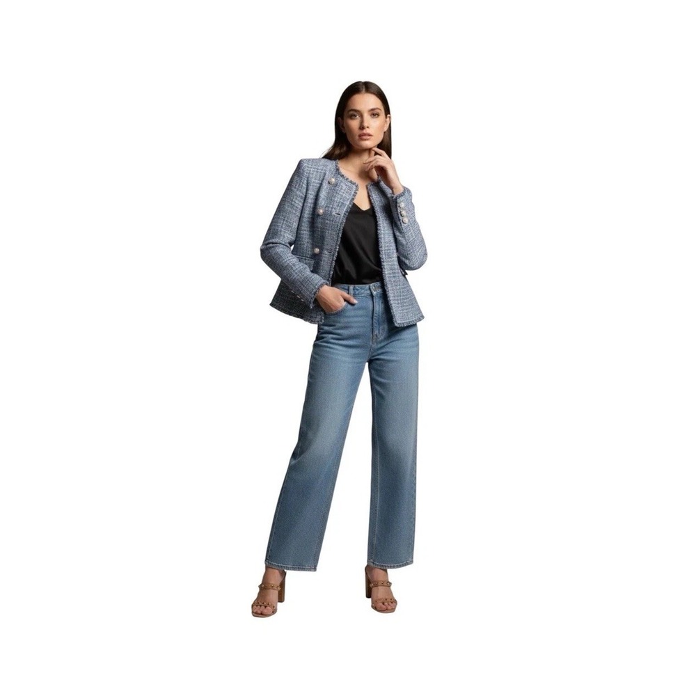 Maeve Anthropologie Blue Tweed Double Breasted Cropped Lady Jacket Size L Preppy